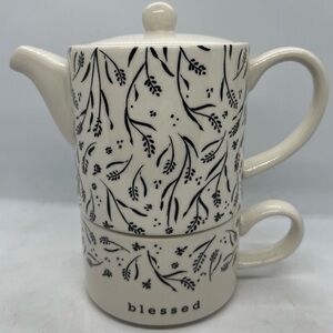 Clay Art Ceramic Black & White Tea Pot and Mug Set